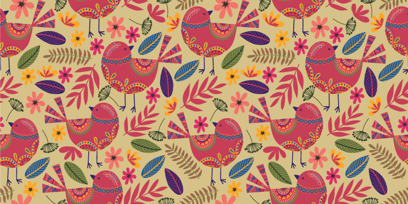 Vinyl teppich blumen mit bunten vögeln im folk art stil - TenStickers
