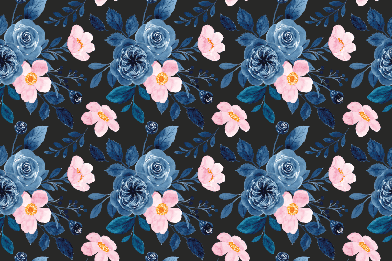 Vinyl teppich blumen blau und rosa muster auf schwarz - TenStickers