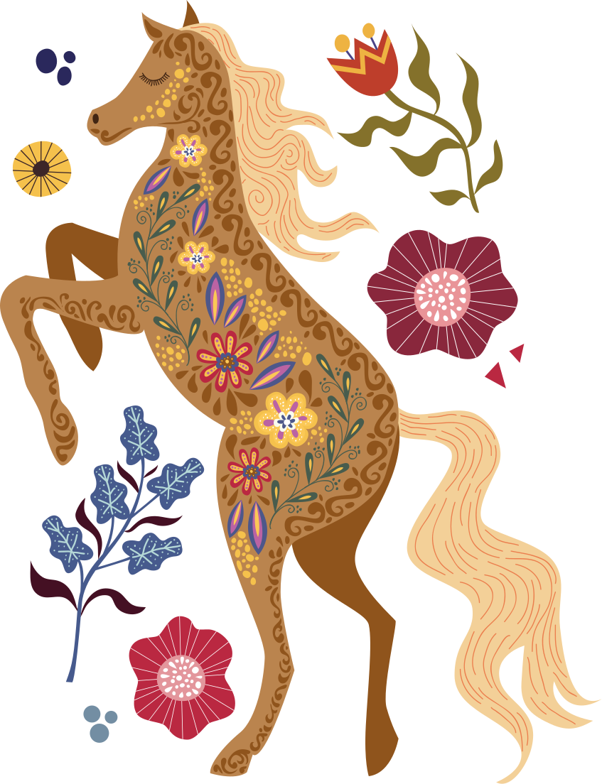 Vinyl teppich blumen mit wildpferd folklore illustration - TenStickers