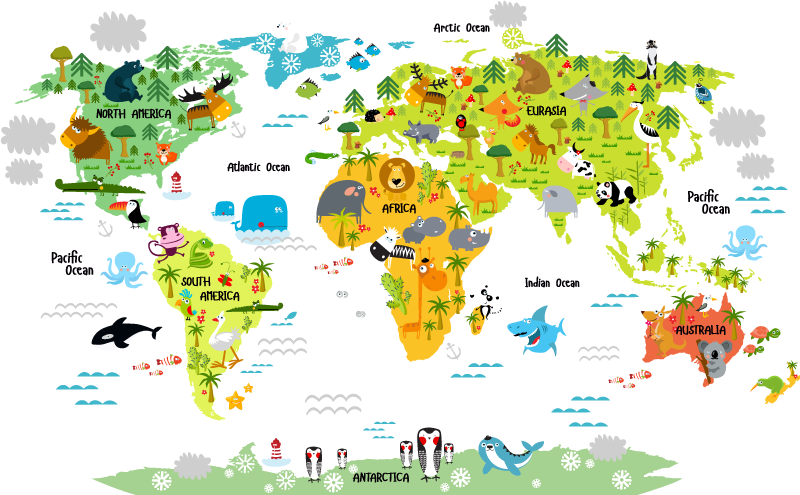 Vinyl teppich weltkarte mit englischem fauna design - TenStickers