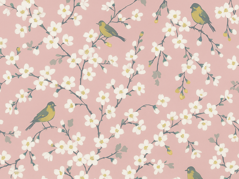 Vinyl teppich natur pinke obstgarten vögel - TenStickers
