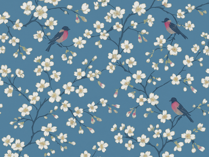Vinyl teppich natur mit blauen obstgarten-vögeln - TenStickers