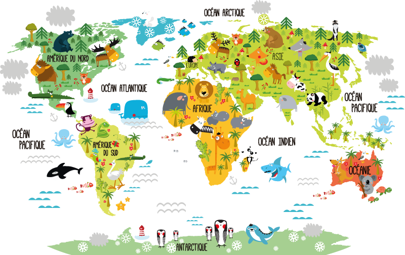 Vinyl teppich weltkarte kinder tiere fr - TenStickers