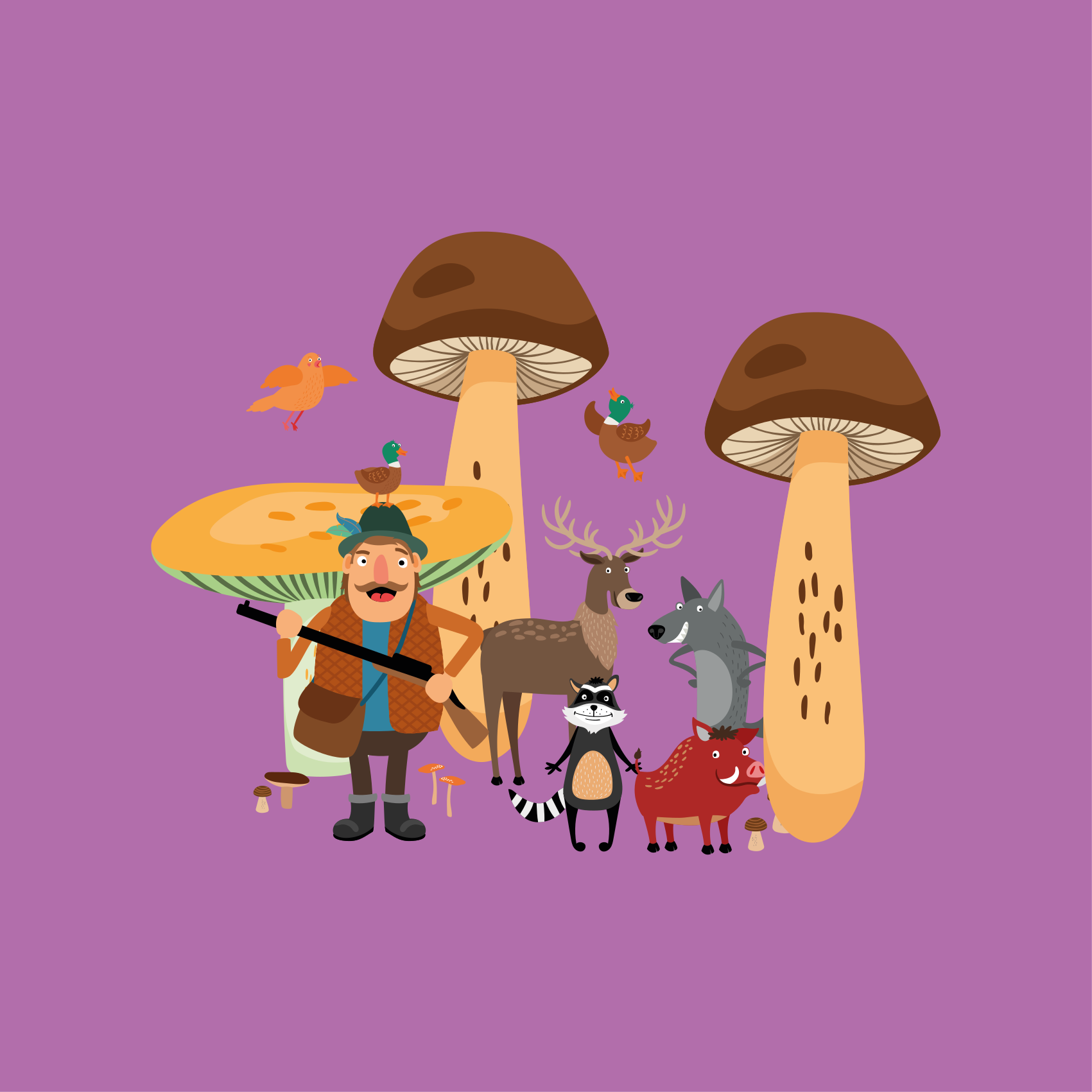 Vinyl teppich kinder vögel im pilzwald - TenStickers
