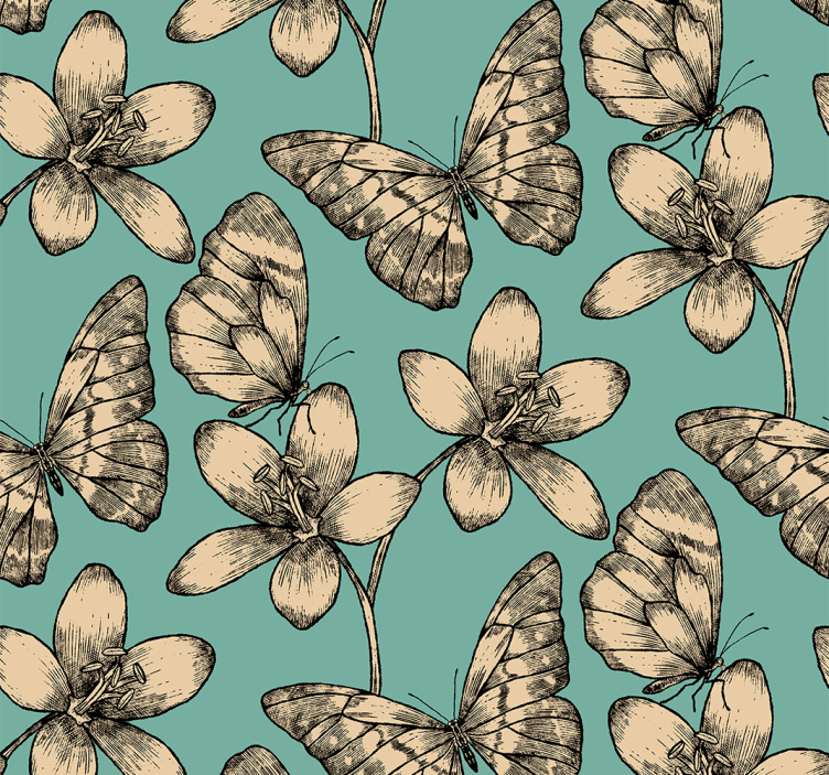 Tapete Schmetterling beige blumen auf blauem hintergrund - TenStickers