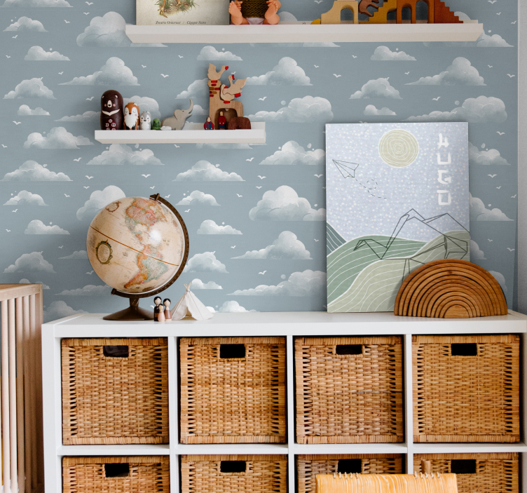 Retro Tapete Graue 80er jahre Design wolken und vögel - TenStickers