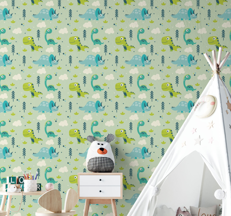 Tapete Kinderzimmer Grün mit Dinos - TenStickers