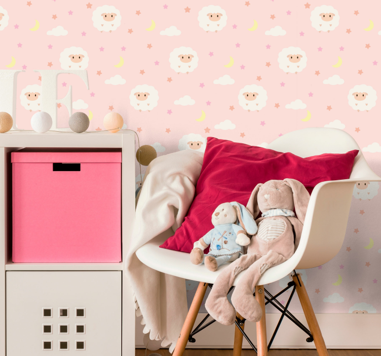Rosa Himmel mit Schafen Kindertapete - TenStickers