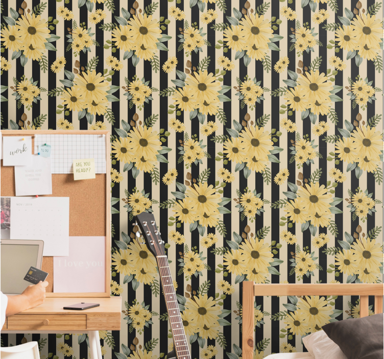 Tapete florale Ornamente gestreiftes sonnenblumenmuster - TenStickers