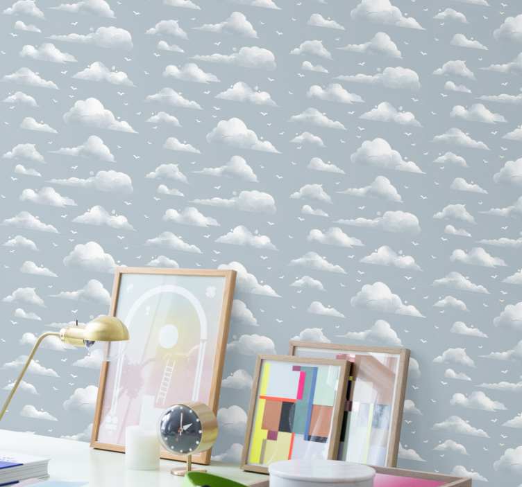 Retro Tapete Graue 80er jahre Design wolken und vögel - TenStickers